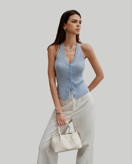 Geribbeld splitvest met V-hals
