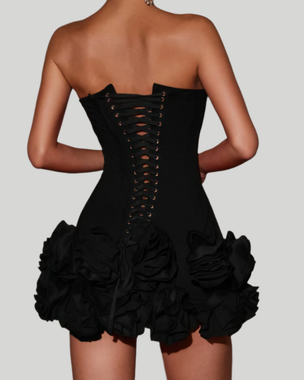 Xevia strapless mini-jurk met bloemenrok