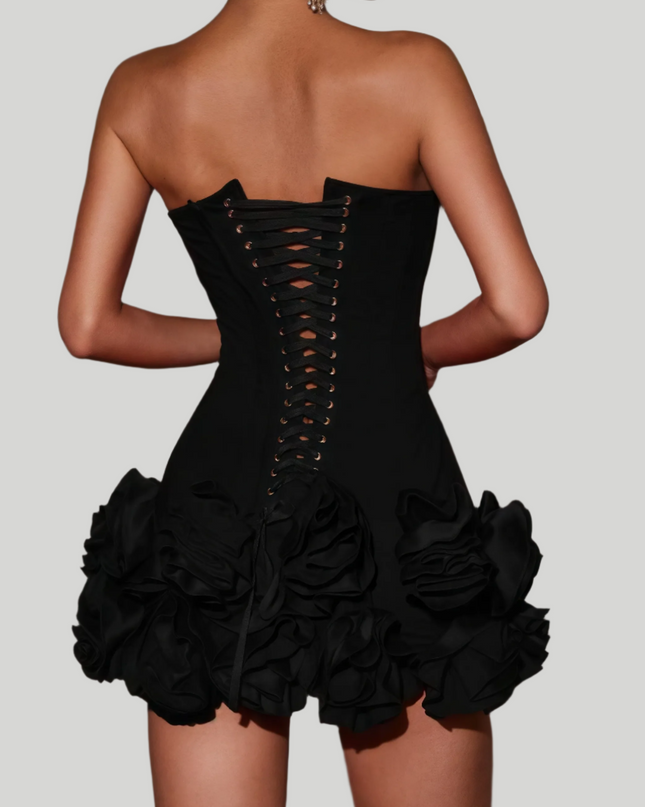 Xevia strapless mini-jurk met bloemenrok