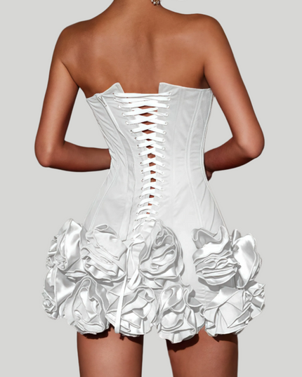Xevia strapless mini-jurk met bloemenrok