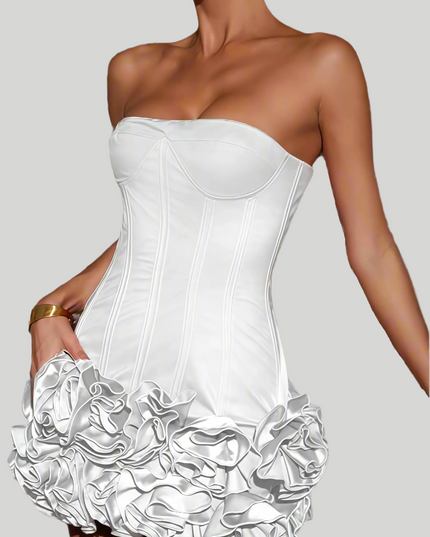 Xevia strapless mini-jurk met bloemenrok