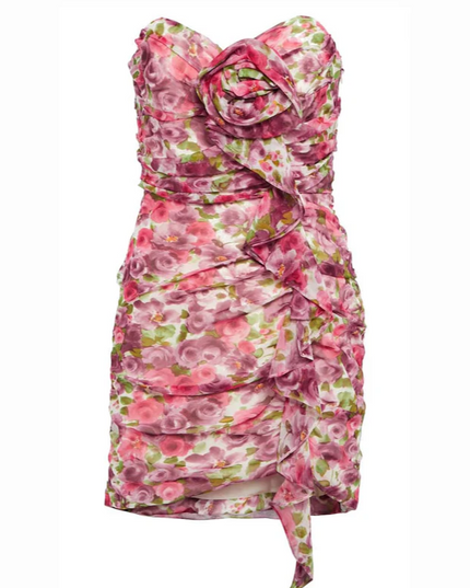 Monique strapless mini-jurk met ruches en bloemendetails