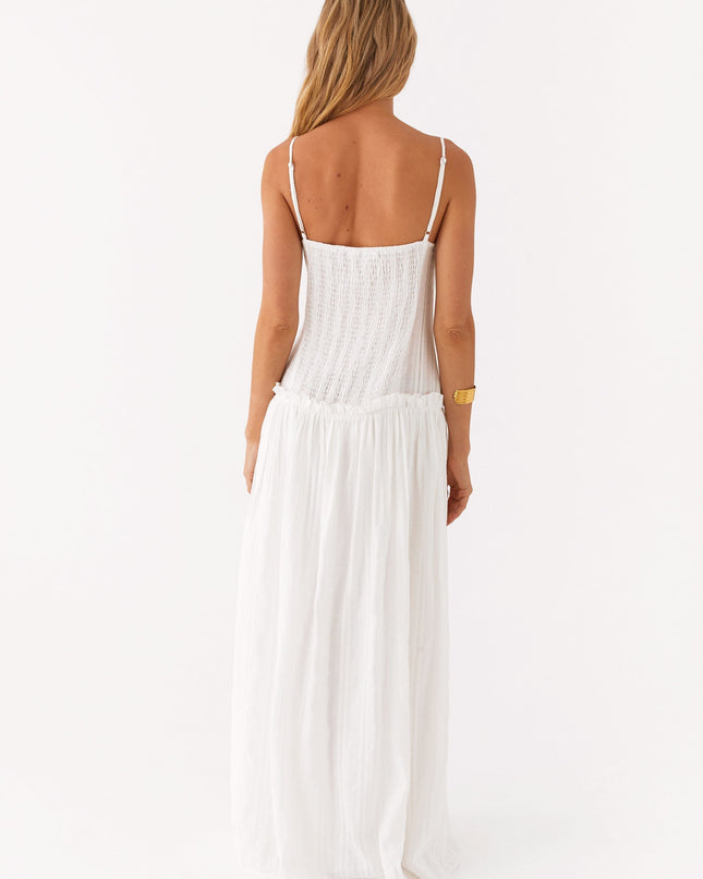 Ivoorkleurige maxi-jurk met verlaagde taille
