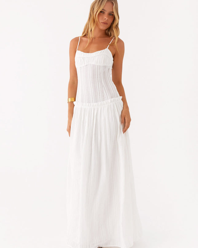 Ivoorkleurige maxi-jurk met verlaagde taille