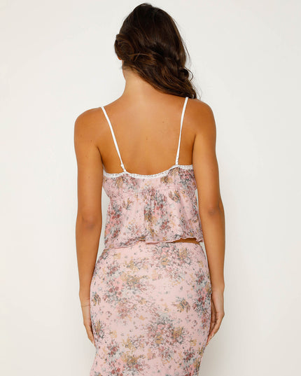 Mouwloze roze top met bloemenprint en maxi-rok