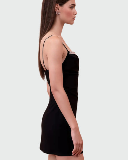 Jazzzwarte halternek mini-jurk met open rug