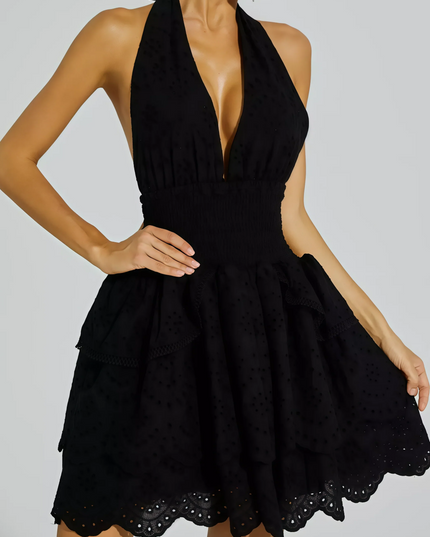 Khesa zwarte mini-jurk met V-hals halter