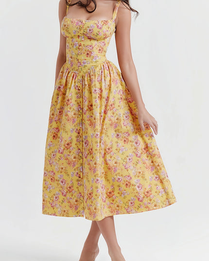 Rali elegante gele bloemen midi-jurk