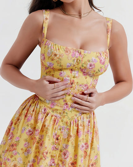 Rali elegante gele bloemen midi-jurk