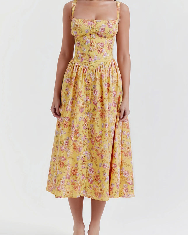 Rali elegante gele bloemen midi-jurk