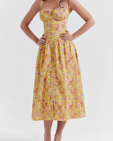 Rali elegante gele bloemen midi-jurk