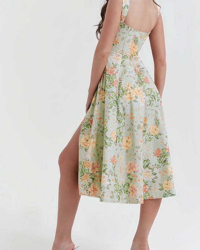 Selia groene bloemen midi-jurk met split