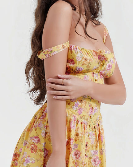 Rali elegante gele bloemen midi-jurk