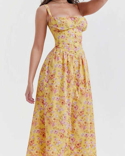 Rali elegante gele bloemen midi-jurk