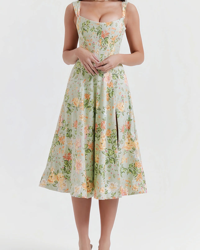 Selia groene bloemen midi-jurk met split