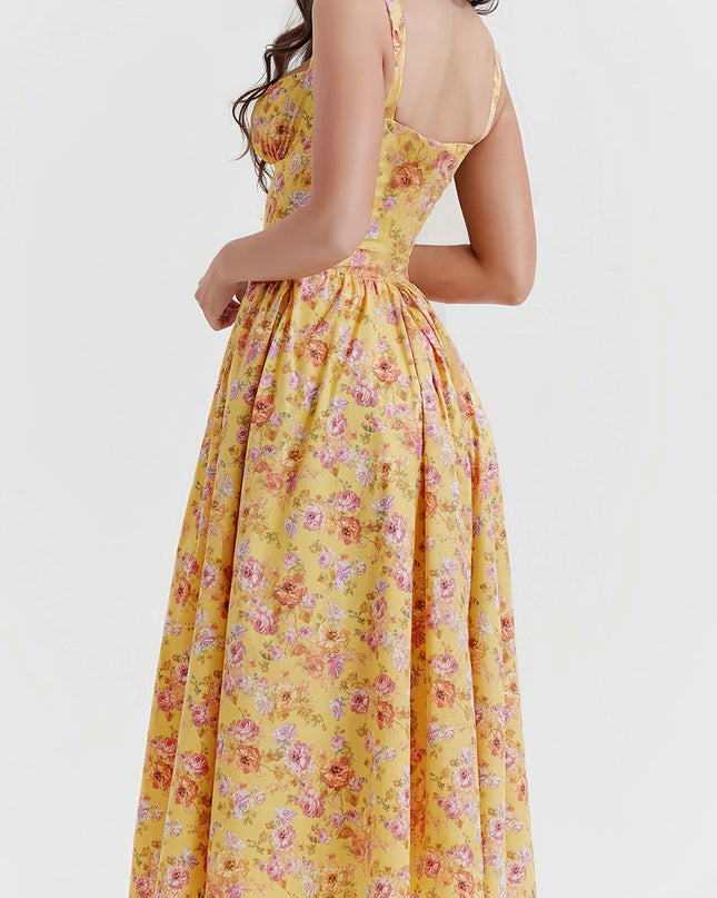 Rali elegante gele bloemen midi-jurk