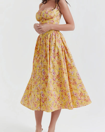 Rali elegante gele bloemen midi-jurk