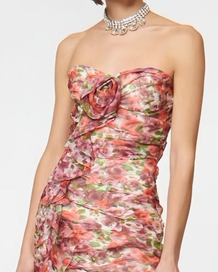 Monique strapless mini-jurk met ruches en bloemendetails