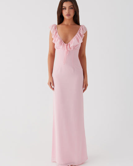 Roze maxi-jurk met ruches aan de hals