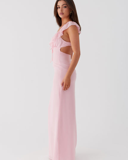 Roze maxi-jurk met ruches aan de hals