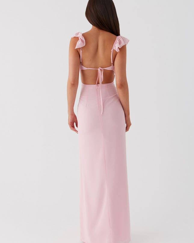 Roze maxi-jurk met ruches aan de hals