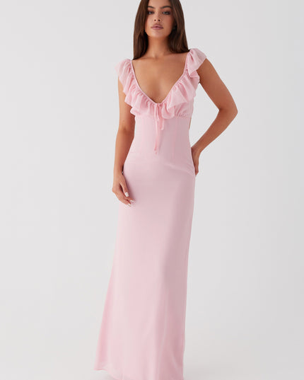 Roze maxi-jurk met ruches aan de hals