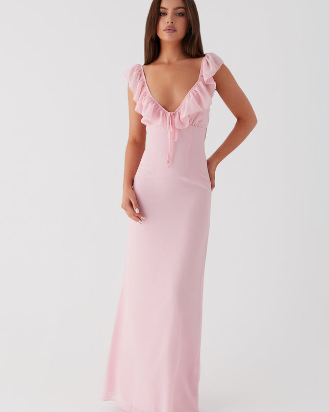 Roze maxi-jurk met ruches aan de hals