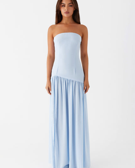 Blauwe strapless maxi-jurk