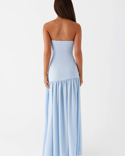 Blauwe strapless maxi-jurk