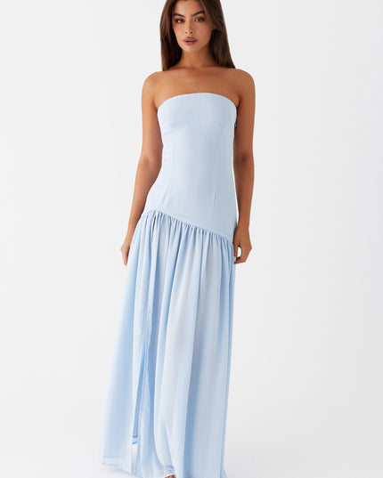 Blauwe strapless maxi-jurk