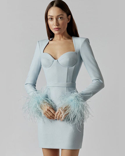 Elegante jurk met lange mouwen en veren