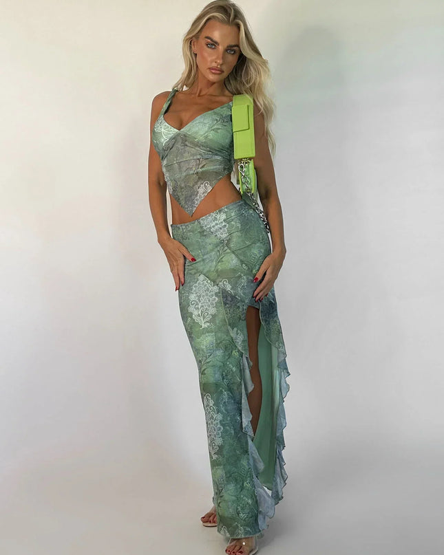 Groene bloemen crop top met rok