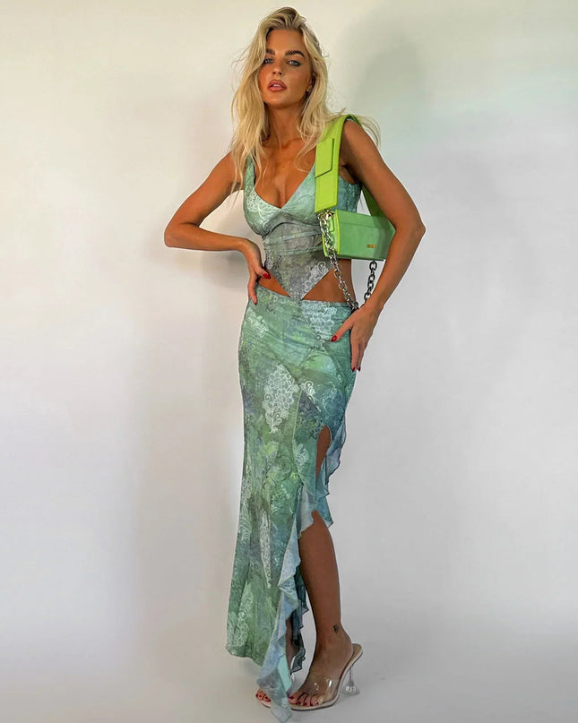 Groene bloemen crop top met rok