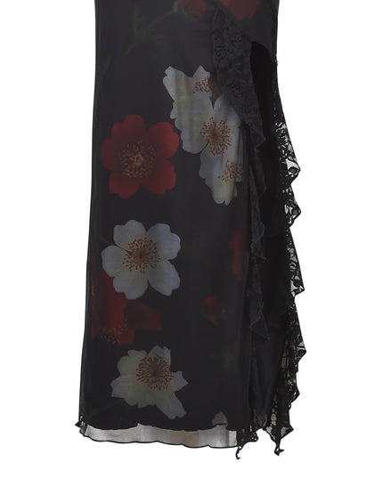 Roze zwarte lange jurk met bloemenprint