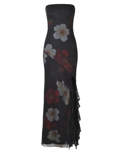 Roze zwarte lange jurk met bloemenprint