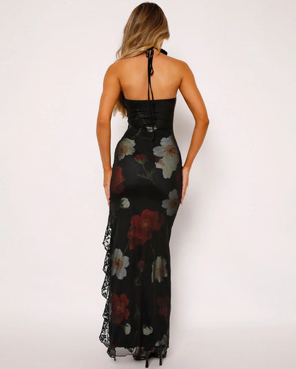 Roze zwarte lange jurk met bloemenprint