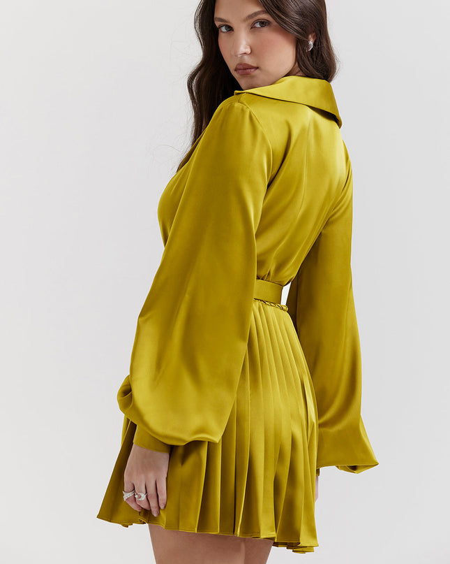 Chartreuse geplooide overhemdjurk