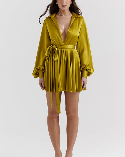 Chartreuse geplooide overhemdjurk