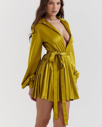Chartreuse geplooide overhemdjurk