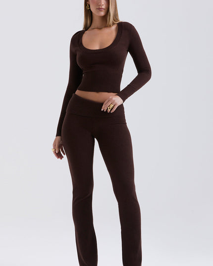 Top en broek van chocoladekleurige kasjmiermix