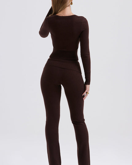 Top en broek van chocoladekleurige kasjmiermix