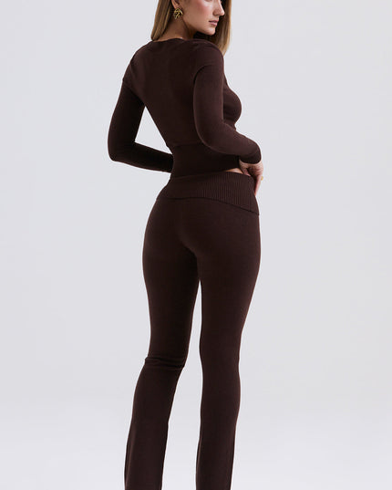 Top en broek van chocoladekleurige kasjmiermix