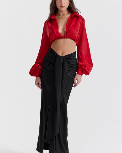 Zijden blouse top met gedrapeerde lange zijden rok