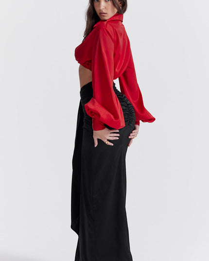 Zijden blouse top met gedrapeerde lange zijden rok
