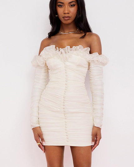 Strapless jurk van ivoorkleurige chiffon met ruches