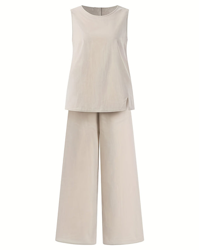 Beige mouwloos tanktopje en wijde broek