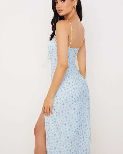 Bloemenjurk met bustier en uitgesneden been