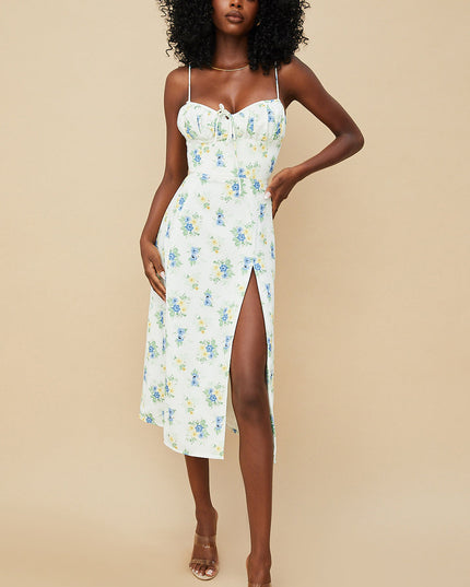 Bloemenjurk met bustier en uitgesneden been