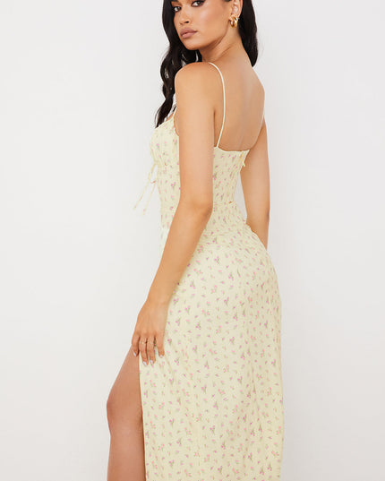 Bloemenjurk met bustier en uitgesneden been