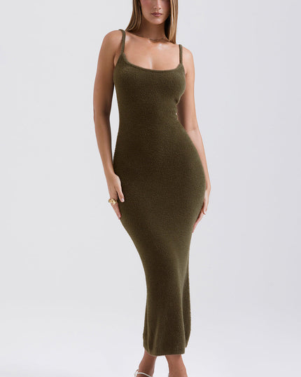 Khaki zachte, pluizige gebreide maxi-jurk
